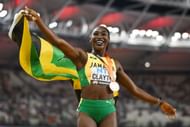 Rushell Clayton celebrates after the Women's 400m Hurdles Final at World Athletics Championships 2023